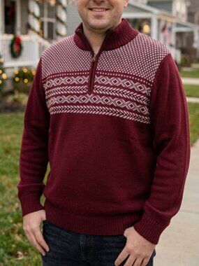 NWT Weatherproof Vintage Men's XL Burgundy Fair Isle 1/4 Zip Cotton Sweater